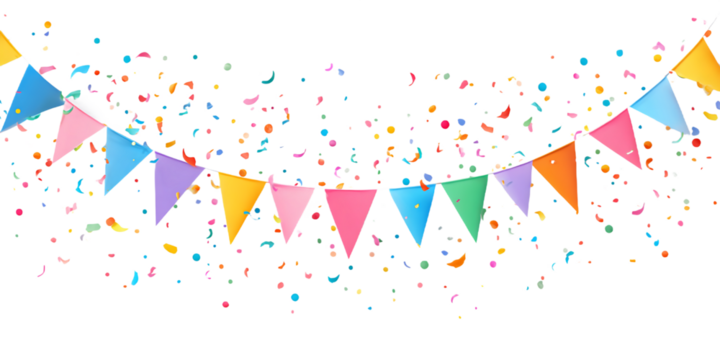 Colorful Triangle Flags Garlands with Falling Confetti on Transparent Background, PNG
