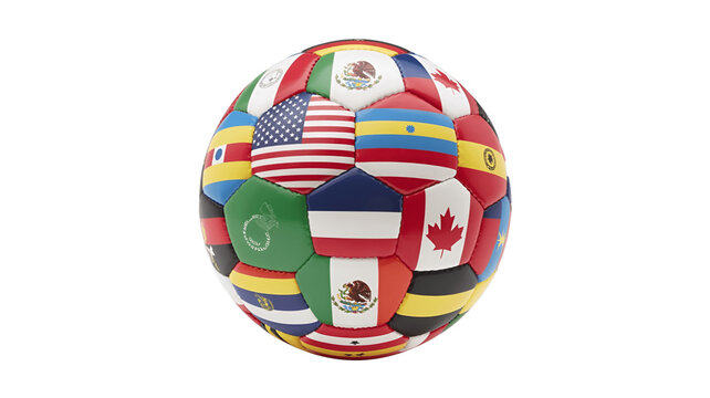 A vibrant soccer ball decorated with the flags of various nations.