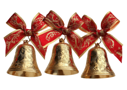Golden bells hanging with red decorative bows.