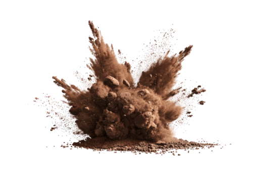 Powder explosion with debris on black. Dramatic, impactful