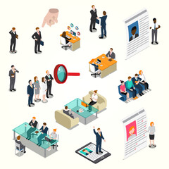Isometric Detailed Job Search and Recruitment Process Illustration with Business People