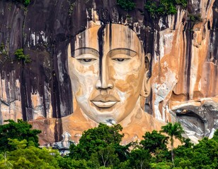 Giant human face carved into a rock cliff, overlooking lush greenery