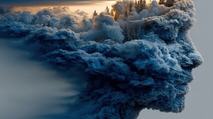 Surreal image of a human profile formed by clouds with forest inside, artistic illustration