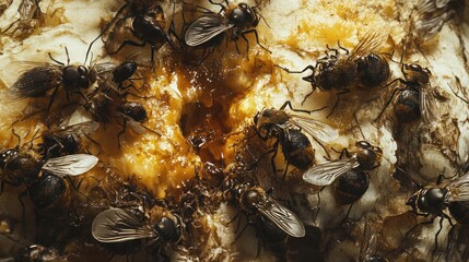 Fruit flies feeding on sugary residue, close-up view, organic decay