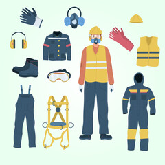 Detailed Flat Lay Illustration of Workwear and Safety Equipment for Workers