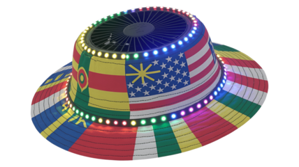 A vibrant, illuminated hat with flags and lights.