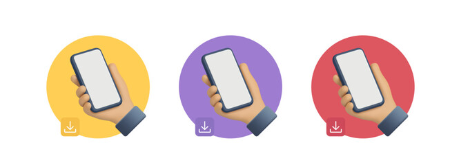 Plakat 3D set of hands holding smartphone on colorful, bright circles. Icons, Mockups for app advertising, media, communication, web design. Vector illustration.