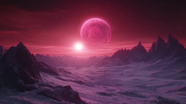 Alien planet landscape at sunrise. Vivid pink moon. Possible use Science fiction background