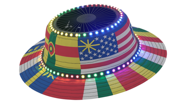 A vibrant, illuminated hat with flags and lights.