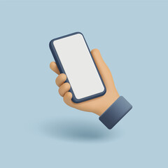 Icon of a hand holding a smartphone, 3D, on a blue background. Application, app, web design, promotional offers. Blank screen. Mockup. Vector illustration.