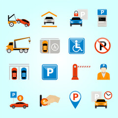Flat Design Colorful Car Parking Elements and Sign Symbol Icon Set