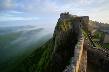 Old stone castle on a hill surrounded by mountains and sky
