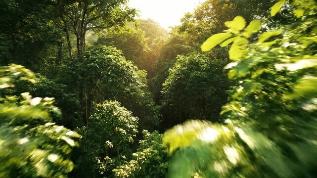 Slow aerial drone descent through a dense, vibrant green rainforest canopy, with dappled sunlight filtering through the leaves lush, tranquil, slow