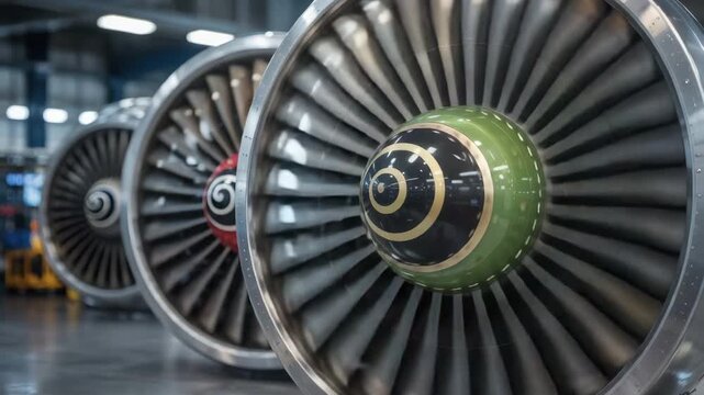 Mechanical turbofan engine blade turbine rotor maintenance hangar inspection jet engine fan mechanical technology industry sleek polished hub durable