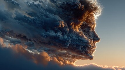 A surreal artistic representation of a human face formed from clouds in the sky