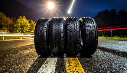 Four new vehicle tires standing on a wet, reflective road at night