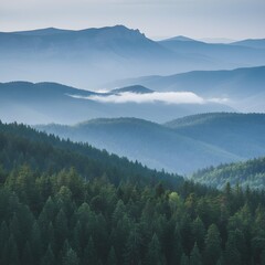 Obraz premium Mountain landscape with layered forest ridges, mist, and jagged peak vector illustration for nature and wilderness themes