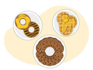 Brunch set, meal variety waffle, doughnut, and cookies. Brunch food illustration. Flat vector design.