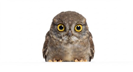 Curious little owl with huge yellow eyes peering forward isolated on bright white.. AI Generated