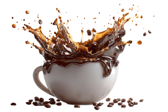 Dramatic Coffee Splash Over White Cup with Transparent Backdrop Display, PNG