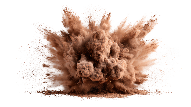 Dramatic Powder Explosion on Transparent Background with Earthy Brown Tones Dynamic Spray Dense Cloud Particles Flying for Compositing and Effects Isolated Element, PNG