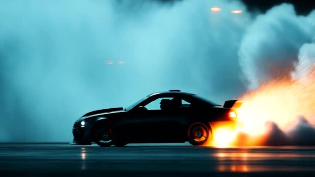 Black car drifting in smoke at night with lights