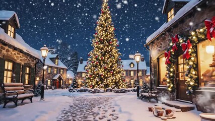 Christmas Night in Snowy Village - This festive scene depicts a charming village square on a Christmas night, with a beautifully decorated Christmas tree as the centerpiece. - Powered by Adobe
