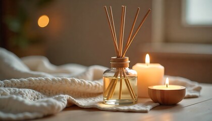 Scented oil diffuser with stick fragrance, knitted detail, and candle light created with generative ai