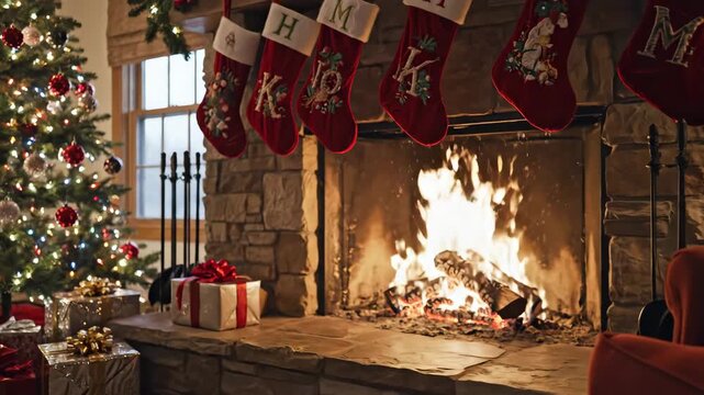 Cozy Christmas Interior with Fireplace - This interior shot showcases a warm Christmas setting, featuring a decorated tree with gifts, a stone fireplace with stockings hung above it, and a burning
