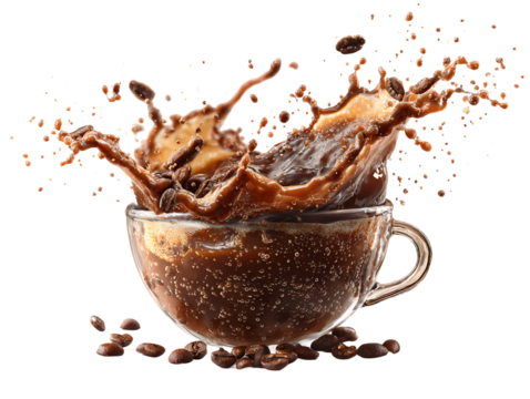 Dramatic Splash of Rich Brown Coffee in Decorative Speckled Cup with Scattered Beans on Transparent Background Dynamic Action Shot for Adobe Stock, PNG