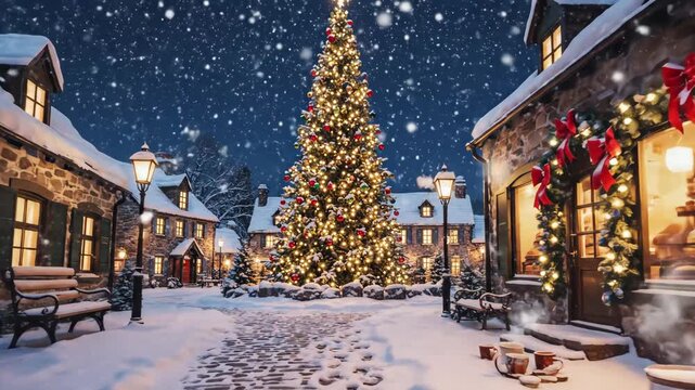 Christmas Night in Snowy Village - This festive scene depicts a charming village square on a Christmas night, with a beautifully decorated Christmas tree as the centerpiece.