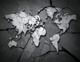 A grayscale representation of the Earth in the form of a cracked, textured surface. The continents are emphasized