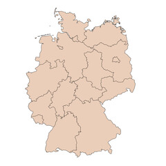 Editable vector silhouette of the country of Germany, divided into its primary administrative districts.