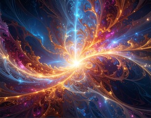 Fractal glowing burst, intricate swirling patterns, vibrant colors