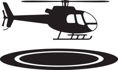 Black and white icon of a helicopter landing on a helipad landing pad aviation