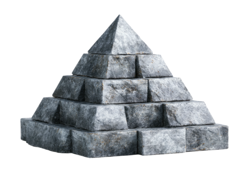 Tiered pyramid of rough-cut stone blocks on a black background