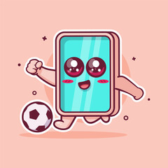smiling tablet device character mascot playing football isolated cartoon