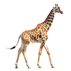 Naklejka premium Giraffe walking A giraffe moves gracefully with long strides and neck swaying. full length isolate on transparent background