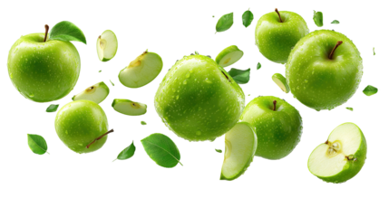 green apple, half and slice isolated, transparent png, collection, PNG format, cut out.