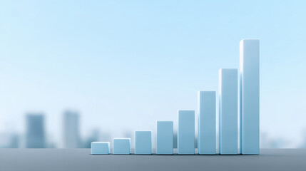 Financial growth chart with rising bars in front of blurred city skyline showing success and progress