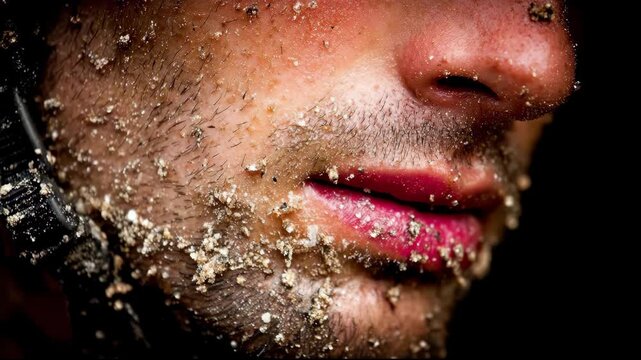Extreme Close Up of a Mans Face Covered in Sand and Water.