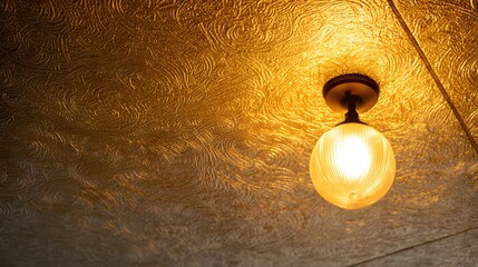 Illuminated globe fixture hangs against a textured, warm gold ceiling surface