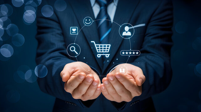 Businessman presenting a digital shopping cart with customer icons representing e-commerce online business and customer relationship management