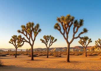 Obraz premium Vibrant desert landscape featuring iconic joshua trees under a clear blue sky at sunset
