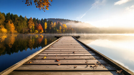 Whispers of the Fog: A Tranquil Autumn Lake Embracing a Lonely Wooden Pier