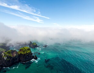 Drone view of green islands along ocean; white fog swirls