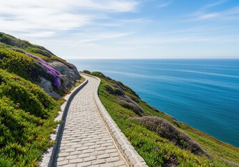 Scenic winding path on a vibrant coastal cliff overlooking the vast blue ocean and sky