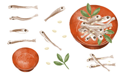 水彩の田作り ごまめ おせち料理 和食 魚 イラスト セット