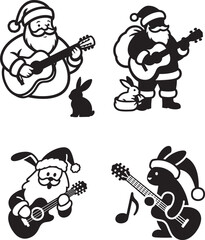 Whimsical Rabbit Rockabilly Christmas Band, A festive illustration of a cartoon bunny wearing a Santa hat and winter coat guitars with star designs