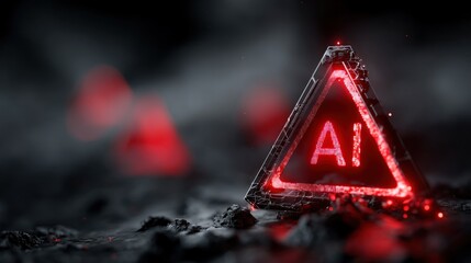 A glowing red triangular sign featuring "AI," set against a dark, textured background, evokes themes of technology and artificial intelligence.